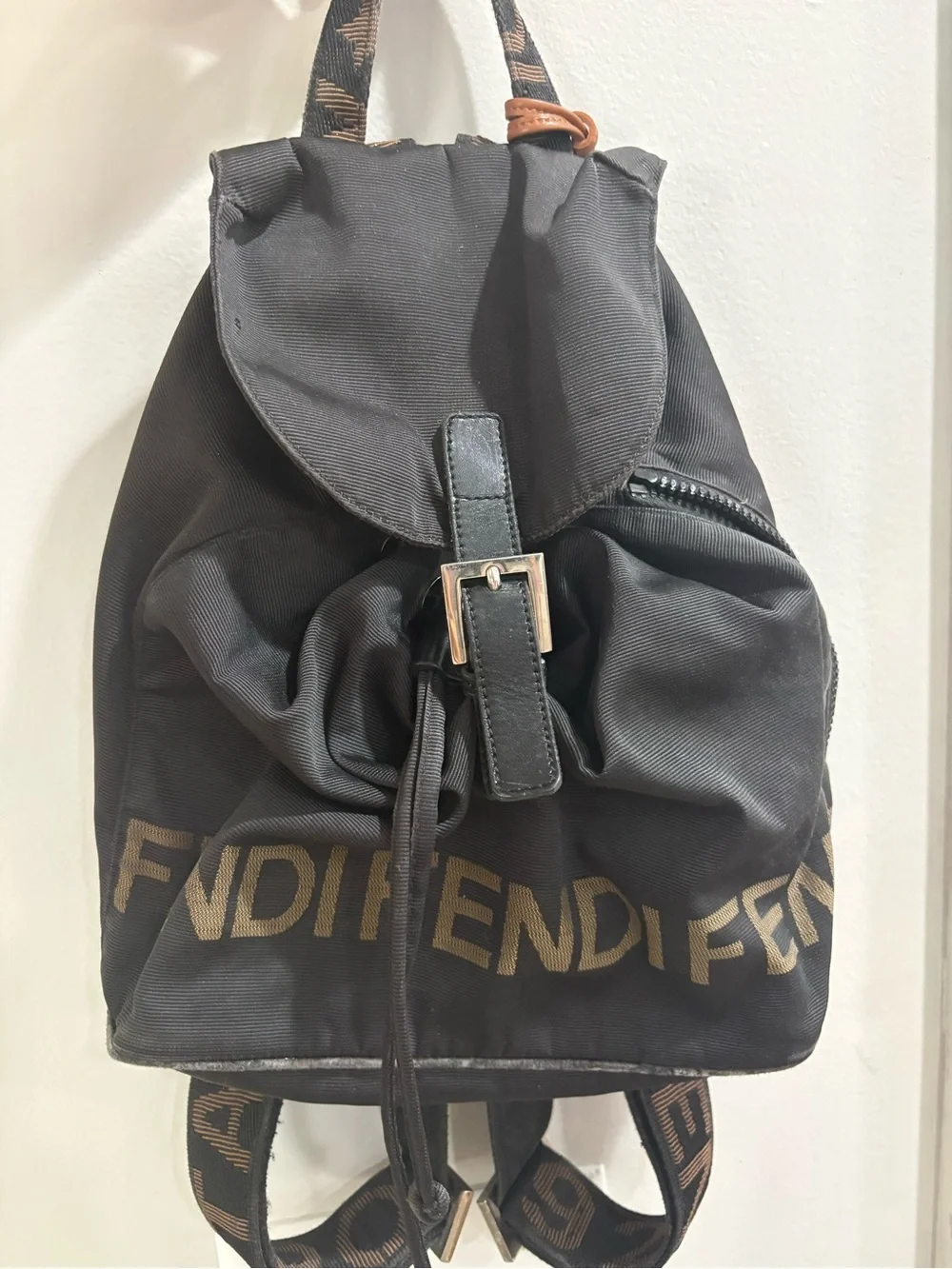 Fendi Black Nylon Logo Drawstring Backpack Vintage
